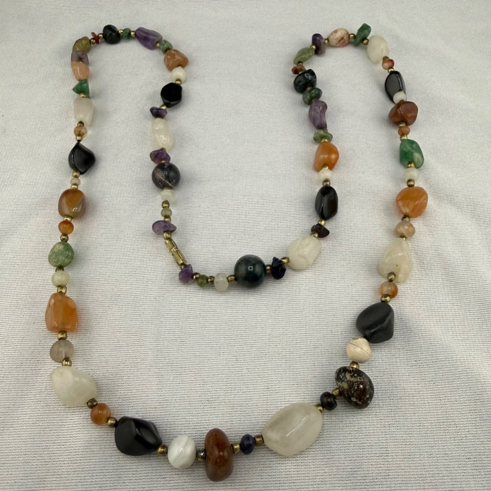 Vintage Beggars Bead Necklace Polished Stone Flapper 34"